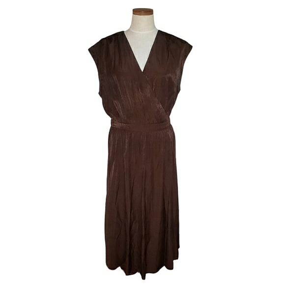 Banana Republic SS Shiny Satin Sheen Twill Wrap Burnt Umber Brown Midi Dress S - Picture 2 of 16